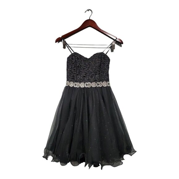 City Studio Black Prom Party Dress Juniors 1 Sleeveless Lined Chiffon Lace Tulle - Picture 1 of 13